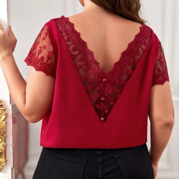 Plus size luxe contrast embroidered lace mesh blouse - Picture 7 of 16